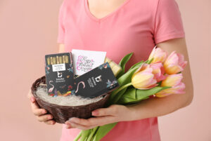 mother holding basket with binske product
