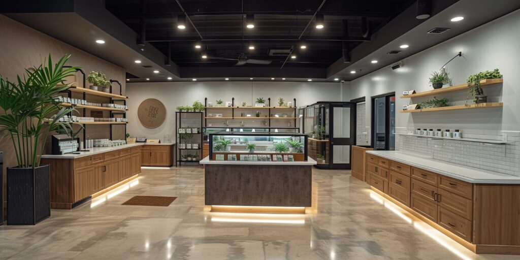 Empty interior of a modern cannabis or medical marijuana dispensary facility. Filled displays and counters with product