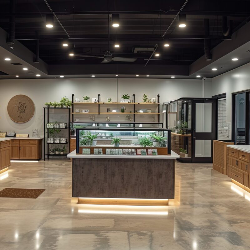 Empty interior of a modern cannabis or medical marijuana dispensary facility. Filled displays and counters with product