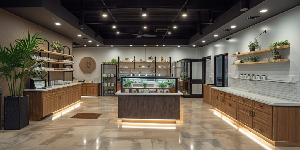 Empty interior of a modern cannabis or medical marijuana dispensary facility. Filled displays and counters with product