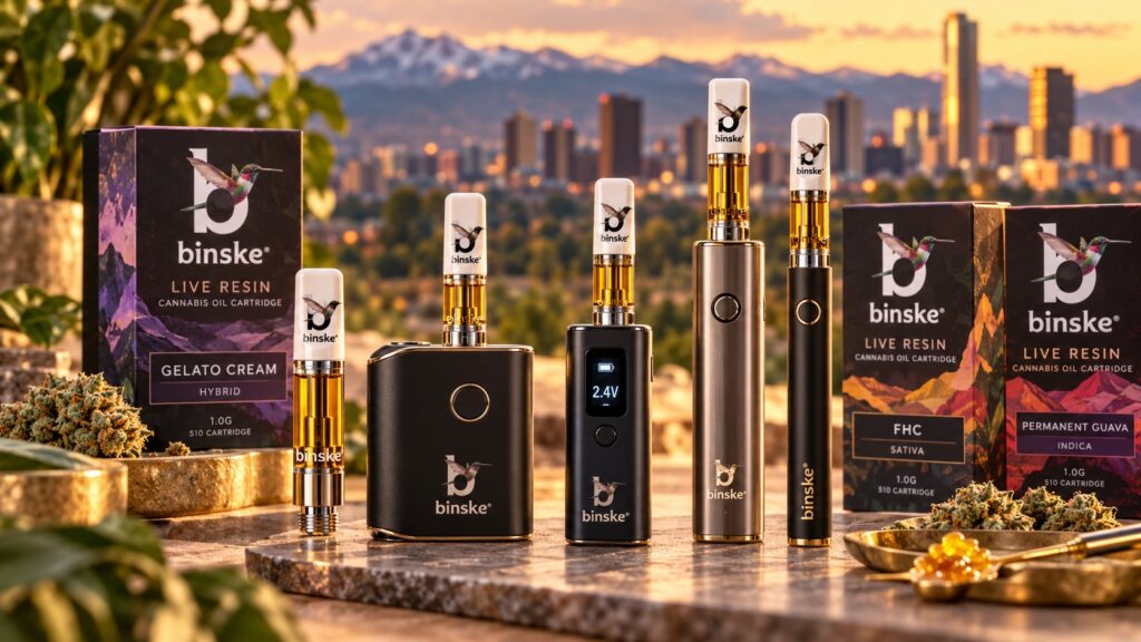Five variable-voltage 510 batteries lined up beside a binske live resin cart and an all-in-one