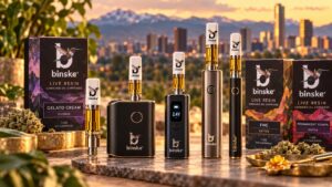 Five variable-voltage 510 batteries lined up beside a binske live resin cart and an all-in-one