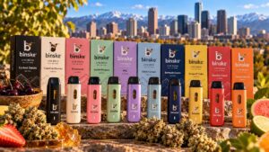 binske 1g live resin all-in-one cannabis vape held in hand with the Denver skyline