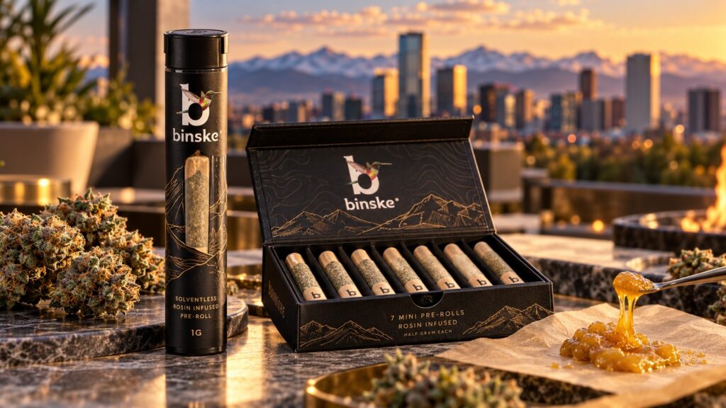 binske rosin-infused 1g pre-roll beside an open 7-pack