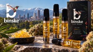 binske 1g live resin vape cartridges with ceramic hardware lined up on a dispensary counter