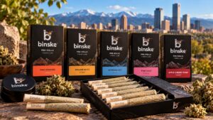 Open binske 7-pack of half-gram pre-rolls with one joint cut open to show ground buds