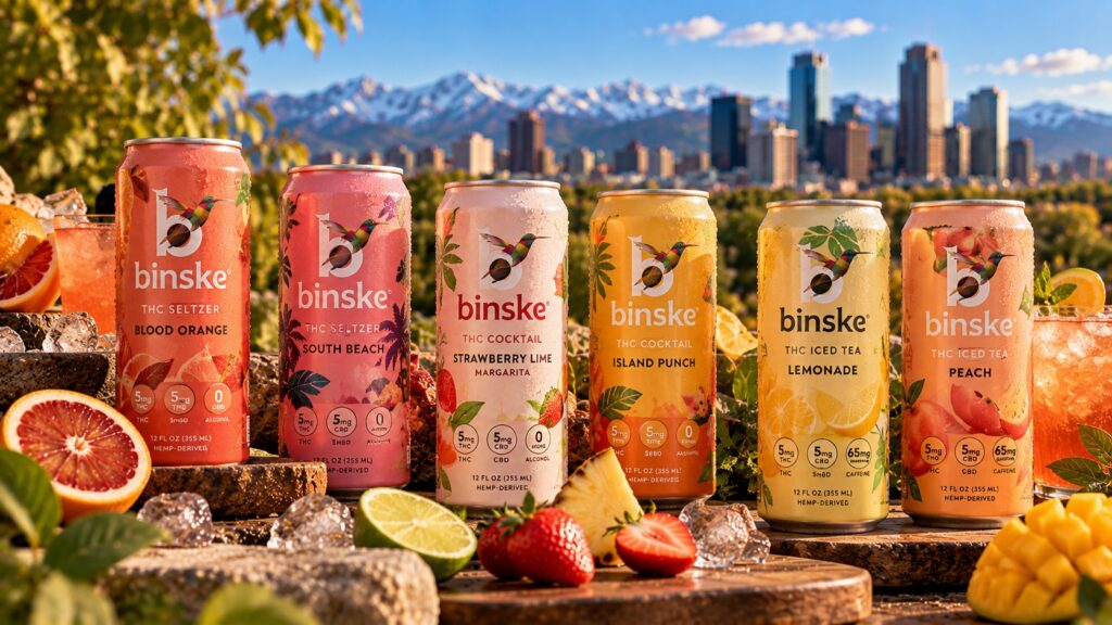 binske THC seltzer poured half into a glass beside the can, showing a beginner-size pour