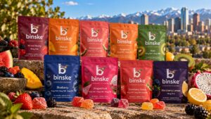 binske fruit gummies in nine flavors arranged beside their resealable bags on a white table